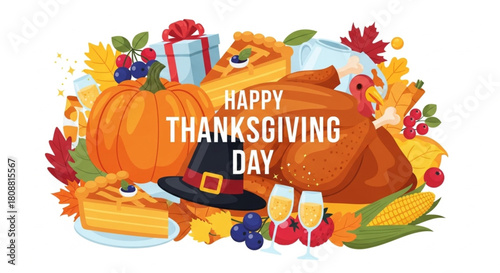Celebrate Thanksgiving Day with a delicious feast and festive cheer, perfect for holiday cards, invitations, and warm seasonal greetings for family.
