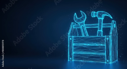 Digital blueprint of a toolbox filled with glowing blue wireframe tools