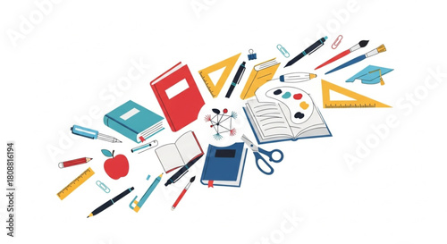 Vibrant back to school supplies illustration for educational projects and creative designs, perfect for teachers, students, and online learning resources