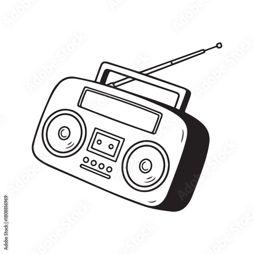 Hand drawn sketch of a retro boombox radio with Al Aire text. Vintage portable cassette player doodle illustration isolated on white background.
