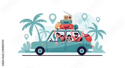 Happy family enjoying a summer road trip vacation, traveling in a car with luggage, palm trees, and map pins in the background.