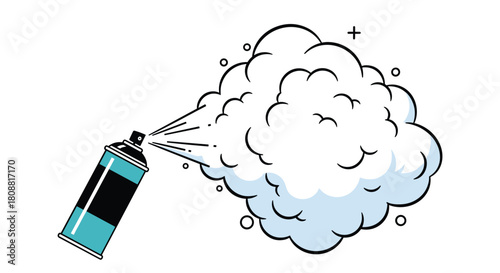 An illustration of a turquoise and black spray can emitting a large, white cloud of mist or vapor in a clean, stylized comic art form.