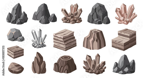 A collection of pixel art style rocks, crystals, and geological formations in various shapes and sizes.