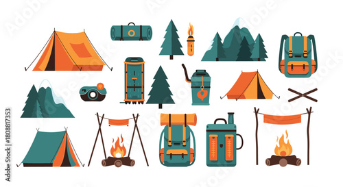 Illustrative collection of essential camping and outdoor adventure equipment, including tents, backpacks, campfires, and natural elements.