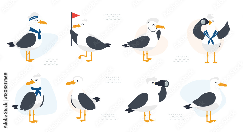 Obraz premium Cute cartoon seagulls dressed as sailors in various poses on a white background with nautical elements.