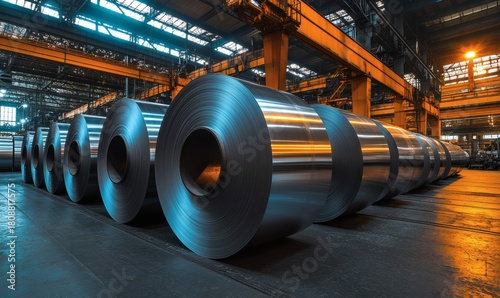 In a steel industry plant, cold-rolled steel coils or stainless steel sheets are kept in storage.

