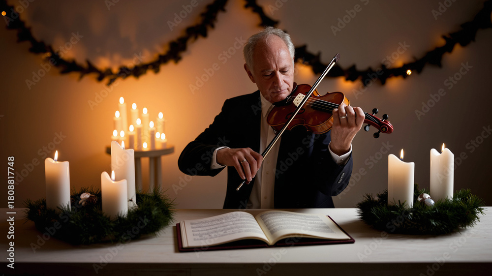 Fototapeta premium Christmas Elderly man playing violin with candles and holiday decorations indoors 
