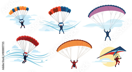 An exciting collection of aerial sports illustrations featuring skydivers with colorful parachutes, paragliding, and hang gliding.