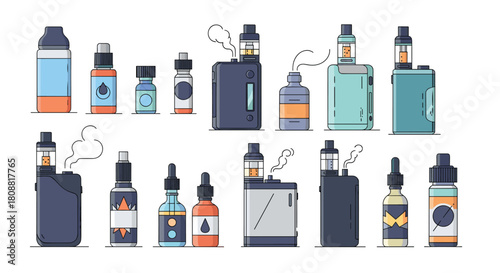 A diverse collection of modern electronic cigarettes, vape devices, and e-liquid bottles, some actively emitting vapor, against a white background.