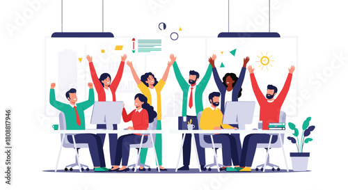 A diverse team of office workers celebrates success and achievement together in a modern collaborative workspace, raising their arms in triumph.