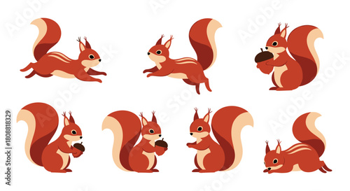 Cute cartoon squirrels in various dynamic poses, some holding acorns, isolated on a white background, representing autumn and nature.