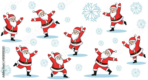 A cheerful pattern features multiple happy Santa Clauses dancing among a flurry of snowflakes, evoking joy and festive holiday spirit.