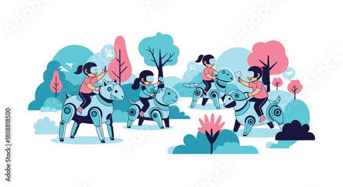 Children in virtual reality headsets ride robotic animals in a playful outdoor setting, experiencing an augmented reality adventure.