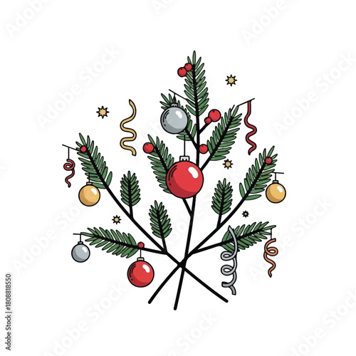 Festive Christmas Branches with Ornaments, Tinsel, and Pine Cones in a Decorative Arrangement.