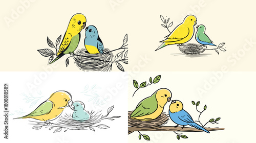 Sweet illustration of colorful lovebirds sitting together on a nest with leaves and branches. A gentle and charming artwork showing affection and nature.