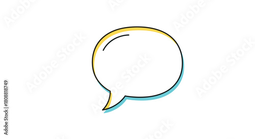 Minimalist speech bubble icon with offset yellow and blue outlines, representing communication, dialogue, or a chat message on a white background.