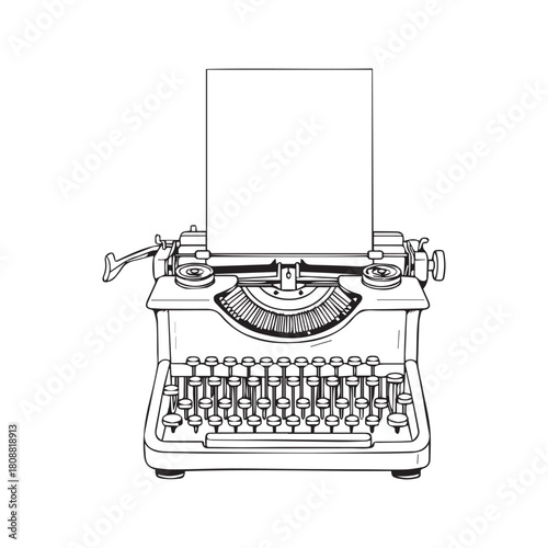 Hand drawn sketch of a vintage typewriter with blank paper sheet. Retro writing machine doodle illustration with empty page for text isolated on white background.
