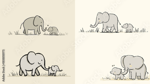 Sweet minimalist illustration of a mother elephant walking with her calf on simple grass. Gentle wildlife artwork showing care, family connection, and tender companionship.