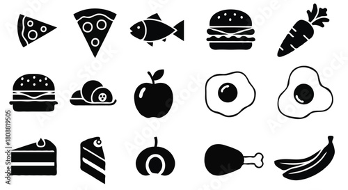 Food Icon Collection – 15 Black and White Symbols Representing Various Meals and Ingredients