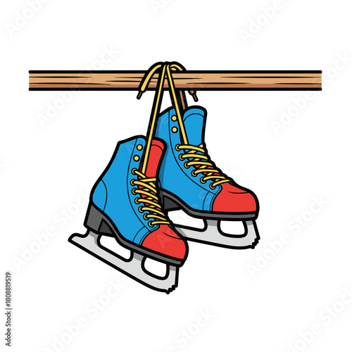 Colorful ice skates hanging by laces on a wooden bar, winter sports equipment and leisure activity