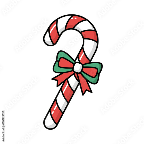 Christmas candy cane with red and white stripes and green bow, holiday decoration and festive treat