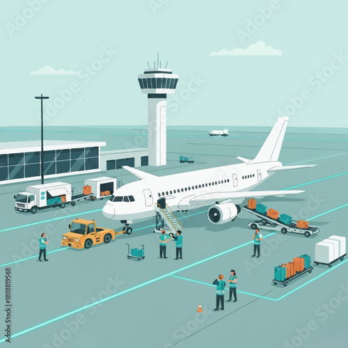 Airport tarmac scene with ground crew loading luggage and cargo onto a passenger airplane, showcasing aviation logistics and air travel preparation