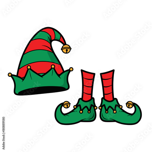 Elf Costume Accessories with Hat and Jester Shoes for Christmas Celebration, Holiday Attire and Festive Decoration