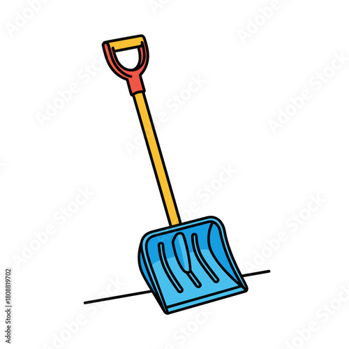 Snow shovel with blue scoop and yellow handle, winter tool for snow removal and outdoor maintenance