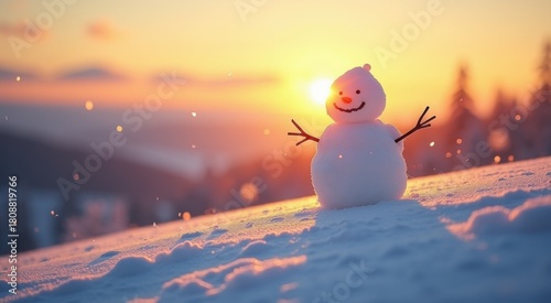 Snowman in the snow with sun setting behind him