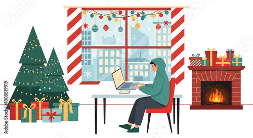 Person Working on Laptop During Christmas Holiday Season.