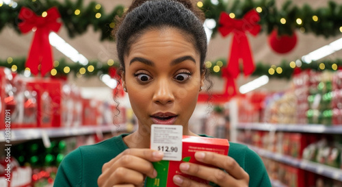 Woman surprised looking at price tag, shopper reacting to price in festive store aisle, holiday shopping and budget awareness