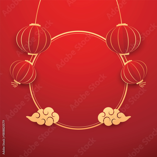 Happy Chinese new year 2026. Chinese new year banner for show product. Greeting card. China frame with lantern on red background.