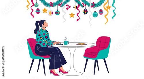 Woman at Cafe Table Under Christmas Decorations.