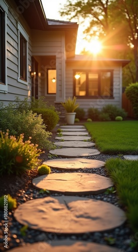 A close up of a stone path leading to a house