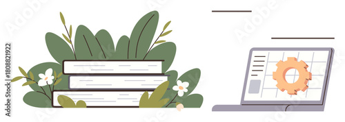 Stacked books with plants and flowers, laptop displaying gear on-screen. Ideal for education, technology, innovation, study, learning, growth, and balance in a simple flat metaphor