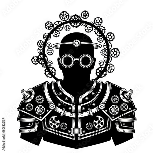 Steampunk cyborg saint with a halo of gears and goggles.