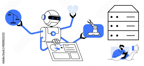Robot juggling justice scale, automation, data analysis, cloud storage, and human interaction. Ideal for AI, automation, robotics justice data teamwork and tech metaphors. Simple flat metaphor