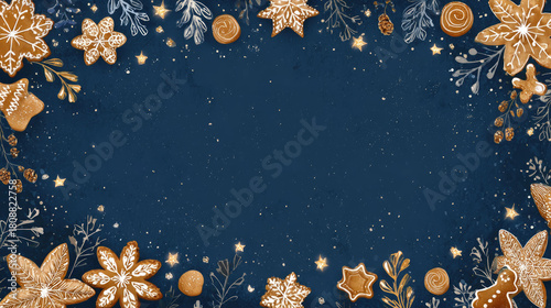 Luxurious Christmas frame of gilded gingerbread, fir branches, and glowing stars on a deep navy blue background