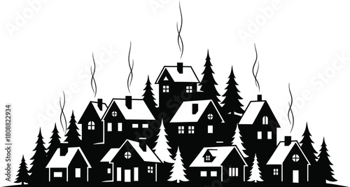 Black silhouette of a cozy village nestled among evergreen trees with smoke from chimneys houses