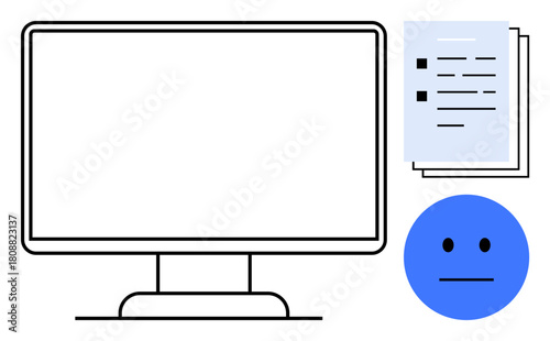 Computer monitor, stacked documents, neutral blue face suggesting calm or indifferent emotions. Ideal for tech, online work, productivity, communication, remote work, digital tools minimalism