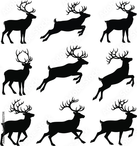 Collection of nine black silhouette reindeer in various poses on a white background stag animal