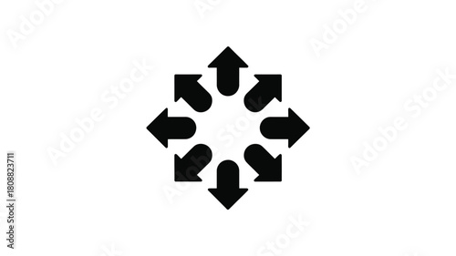 A black symbol with arrows pointing outward from a central point on a white background.