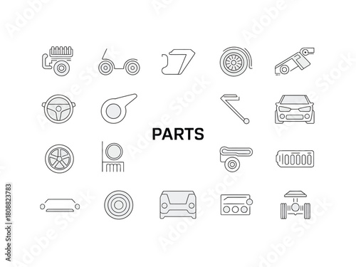 A collection of various parts and components is displayed on a white background.