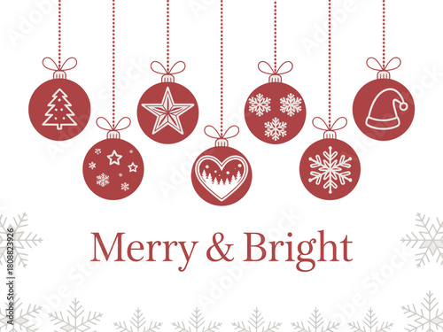 Decorative Christmas ornaments hang on a white background with snowflakes and text.