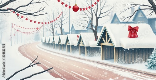 A snowy street lined with houses covered in snow