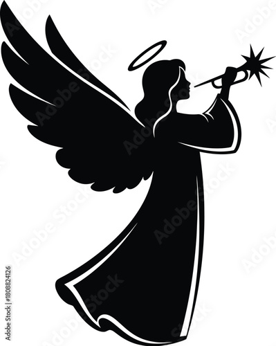 Silhouette vector illustration of a beautiful woman angel with heart and wings flying in a black fashion dress