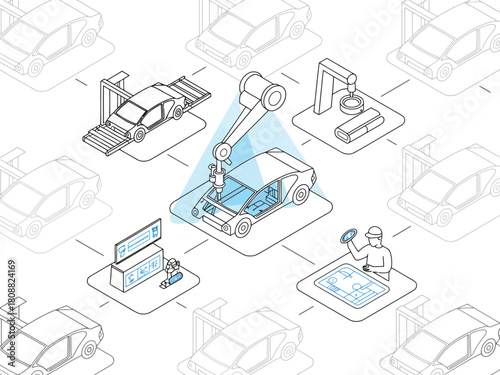 A car manufacturing process is depicted with robotic arms and human workers on an assembly line.