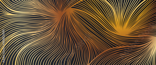 Curved golden lines forming organic wood textures on a deep black surface. Stylish abstract pattern great for luxury branding, cards, posters, and premium layouts.
