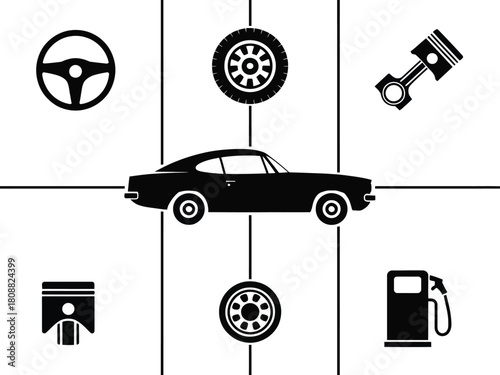 A car is surrounded by its various components and related items.