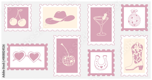 Collection of cute cowboy-themed postage stamp designs featuring western icons, hats, boots, and hearts. Perfect for postcards, invitations, and creative projects.
